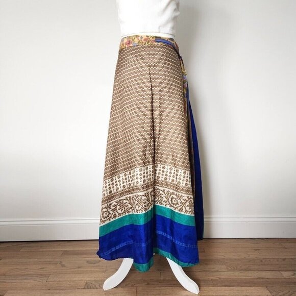 Vtg Silk Wrap Maxi Skirt Reversible Floral Yellow Multi India Sari Boho One Size - Picture 8 of 15